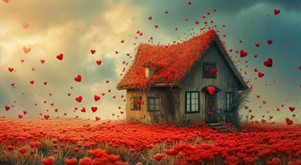 Poster  a painting of a house in a field of red flowers with hearts flying in the air over the top of the house and in the foreground is a cloudy sky. © Jevjenijs
