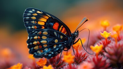  a close up of a butterfly on a flower with orange and yellow flowers in the foreground and a blurry background of orange and yellow flowers in the foreground.