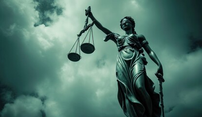  a statue of a lady justice holding a scale of justice in front of a cloudy sky with a statue of a lady justice holding a scale of justice in front of justice. - obrazy, fototapety, plakaty