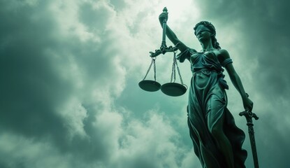  a statue of a lady justice holding a scale of justice in front of a cloudy sky with a lightening rod in the foreground and a sword in the foreground. - obrazy, fototapety, plakaty