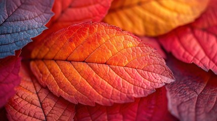  a close up of a bunch of leaves with a red, orange, yellow and blue leaf on top of one of the leaves is a red and yellow leaf on the other side of the other.