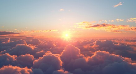  the sun is setting over the clouds in the sky as seen from the window of a plane on the way to the island of capri, in the far distance is the horizon. - obrazy, fototapety, plakaty