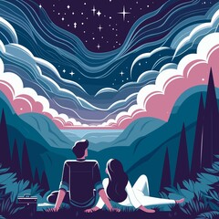 Obraz premium a couple stargazing on a serene hill, featuring a flat color palette for a dreamy Valentine's Day scene , couple on the moon night