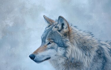  a close up of a wolf's face with snow on the ground in the foreground and behind it is a blurry image of the wolf's head.