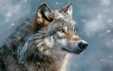  a close up of a wolf's face with snow falling on it's fur and it's eyes are blue and the same color as the wolf.