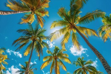 Fototapeta na wymiar Tropical palm trees under blue skies and sunshine on a sunny day