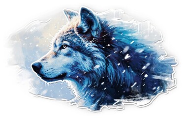  a close up of a wolf's face on a white background with snow flecks and snow flecks around the edges of the wolf's head.