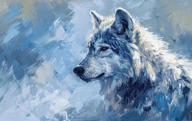 a painting of a wolf's head on a blue and white painting of a wolf's head on a blue and white painting of a wolf's head.