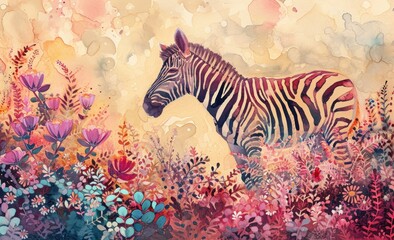  a painting of a zebra standing in the middle of a field of wildflowers and other wildflowers, with a yellow background of pink and purple flowers.