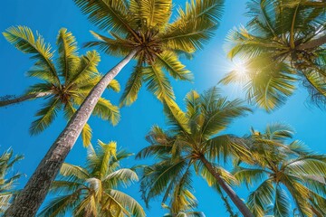 Fototapeta premium Tropical palm trees under blue skies and sunshine on a sunny day