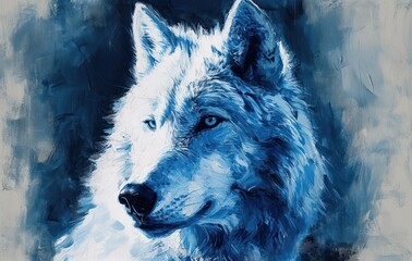  a painting of a wolf's head with blue eyes and a white fur on the side of the wolf's head, on a blue background of a white and gray background.
