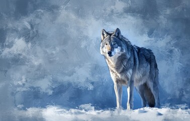  a wolf standing in the snow in front of a blue and white background with snow flakes on the ground and the wolf's head is looking at the camera.