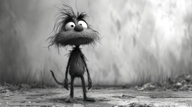  a black and white photo of a furry creature with a surprised look on it's face, standing in front of a grungy background of grass and dirt.