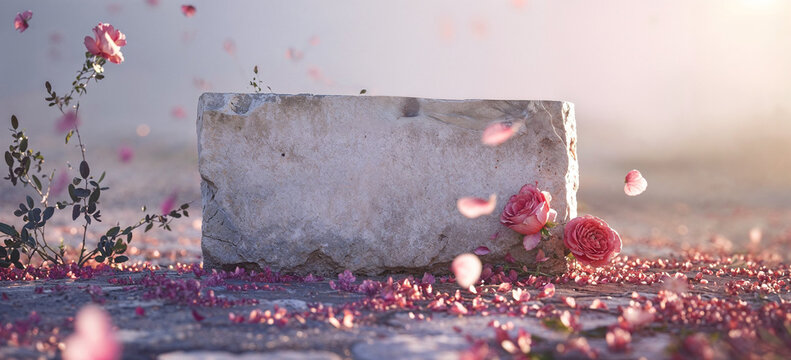 stone marble podium displace rock with empty blank area for events text or product names with flowers and petals decoration banner for valentine love or anniversary events