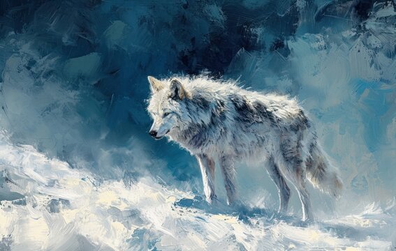  a painting of a wolf standing on top of a snow covered hill with a blue sky in the background and a black and white painting of a wolf in the foreground.