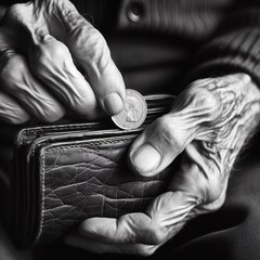 The hands of an elderly man put coins in a wallet. Small pension. Generative AI - obrazy, fototapety, plakaty
