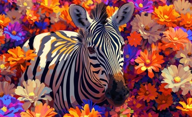  a close up of a zebra in a field of flowers with red, orange, yellow, and purple flowers in the foreground and a blue sky in the background.