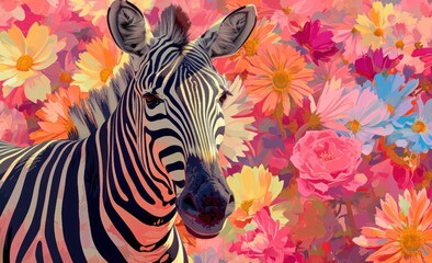 Fototapeta na wymiar a painting of a zebra standing in front of a field of flowers with pink, yellow, and blue flowers in the foreground and pink, yellow, orange, pink, and white, and pink flowers in the background.