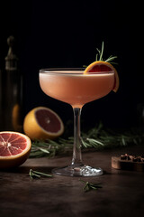 Fototapeta premium A cocktail garnished with a citrus slice and rosemary sprig in elegant stemware.
