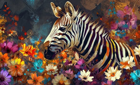  a painting of a zebra standing in a field of wildflowers and daisies with a background of black and white, red, yellow, orange, and purple, and pink flowers.