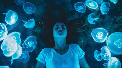 Dreamy portrait of sleeping woman floating under blue sea water amongst jellyfishes