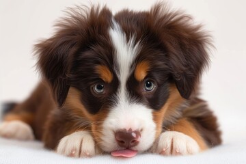 Close-up portrait of a six-week old tri-colored Australian Shepherd puppy on a simple white background.