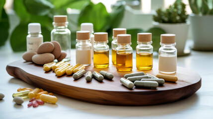 Various supplements, herbal capsules, and essential oils for health arranged on a wooden tray.