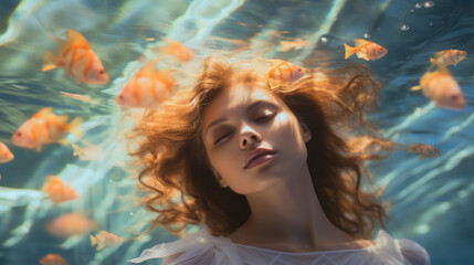Dreamy portrait of sleeping woman floating under blue sea water amongst small red fishes