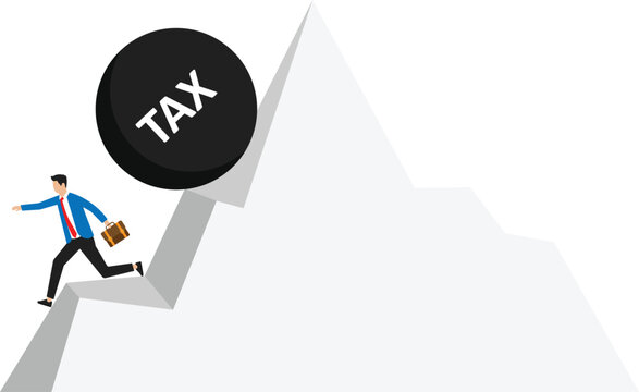 Businessman pushing high tax and pushing rock uphill with inscription tax. Tax time tax burden and taxpayer finance concept
