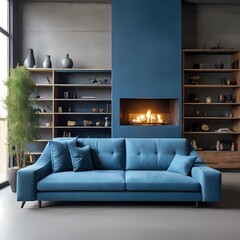 Blue sofa against concrete wall with fireplace and book shelves. Loft home interior design of modern living room  