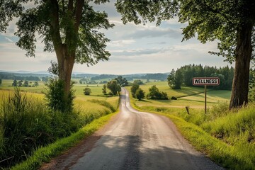 Rustic Road Leading to Wellness Sign Amidst Lush Countryside