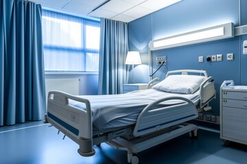 A sterile hospital room with medical equipment against the wall, a neatly made bed with crisp white sheets and a comfortable mattress on the floor, providing a sense of calm in an otherwise chaotic h