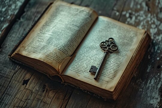 image of open antique book on wooden table with vintage key