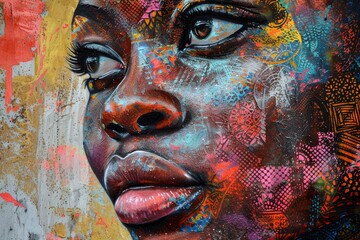 An abstract portrait captured in bold strokes of acrylic paint, showcasing the beauty and complexity of the human face through a fusion of street art and modern techniques
