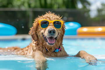 Portrait of a realistic happy dog with sunglass, holiday summer vacation relax vibe concept. Funny dog with sunglasses on summer towards swimming pool. Cute Dog Wearing Glasses, Vacation Dog