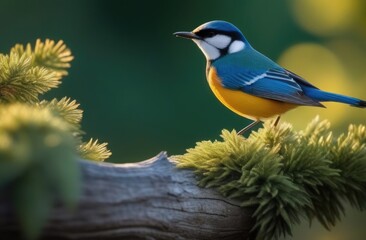 Obraz premium World Wildlife Day, a small blue bird with a yellow breast on a branch, a migratory bird