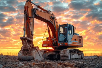 Excavator machine on a dirt terrain at sunset