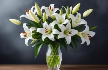 Valentine's Day, National Grandmothers Day, International Women's Day, Mother's Day, bouquet of white lilies in a glass vase, dark gray background
