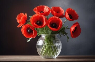 national Memorial Day, Valentine's Day, National Grandmothers Day, International Women's Day, Mother's Day, bouquet of red poppies in a glass vase on a wooden table, dark gray background