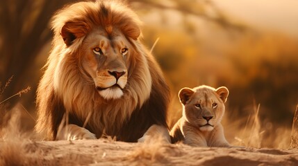 Lion and lioness in the wild. Lion family.