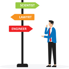 Decision making for career path, career guidance and development, businessman standing at road direction sign, determining to choose the right choice in career
