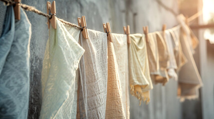 Towels and linens drying on a rope outside, blurry background. Lifestyle. Eco concept. Background for banners, posters, wallpaper, advertising. With copy space