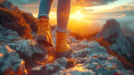 climbing to a hill at sunset path or steps leading forward, signifying the continuous journey towards goals, path to success - obrazy, fototapety, plakaty
