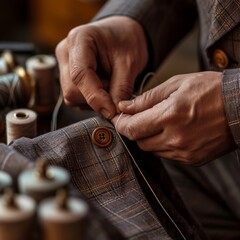 Close-up of a tailor's hands sewing a button onto a stylish suit jacket, with spools of thread and needles nearby

