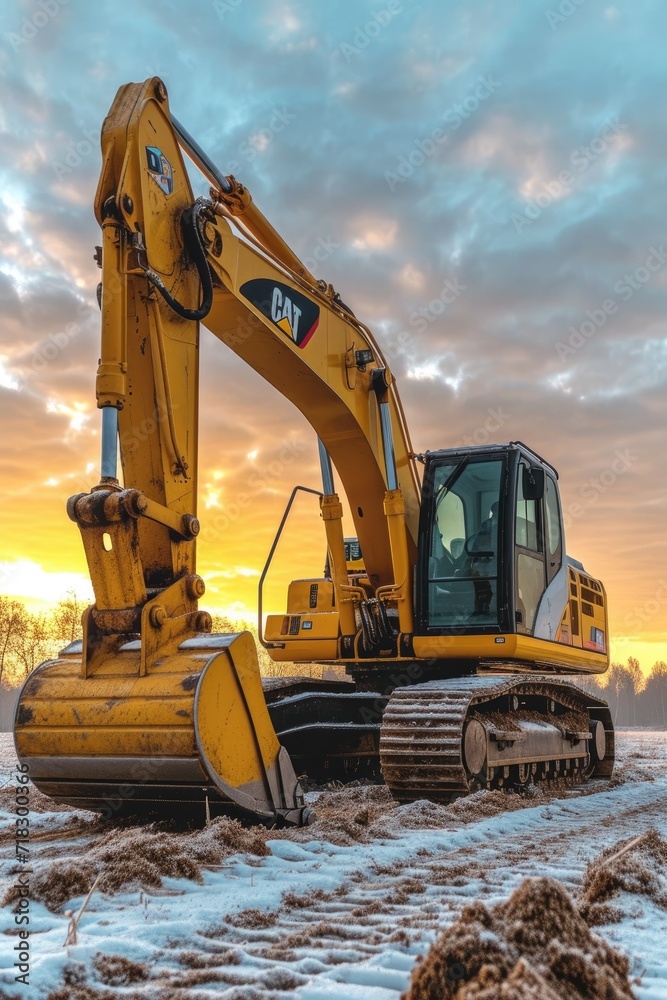 Wall mural excavator machine on a dirt terrain at sunset