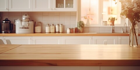 Fototapeta na wymiar Blurred kitchen interior with visible countertop background.
