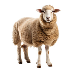 sheep looks into the frame at full length on an isolated white background