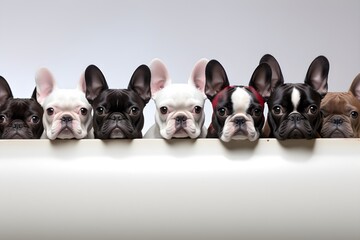 Group of french bulldog puppies in a row on white background.