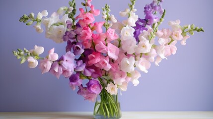  a vase filled with pink, purple, and white flowers on top of a table next to a purple wall.