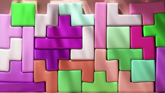 Glossy 3D animation of interlocking puzzle pieces in a seamless, colorful tessellation.